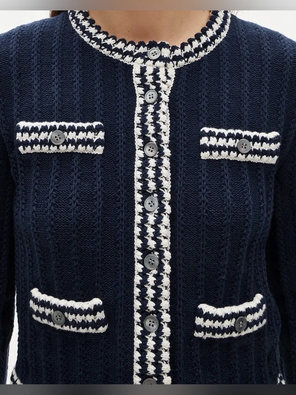 J.Crew Crochet Lady Jacket Cardigan Navy Ivory Cotton Pointelle Sweater M